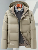 Men's Heavy-Duty Winter Jacket - Hooded Coat with Zippered Front in Beige/Brown Two-Tone