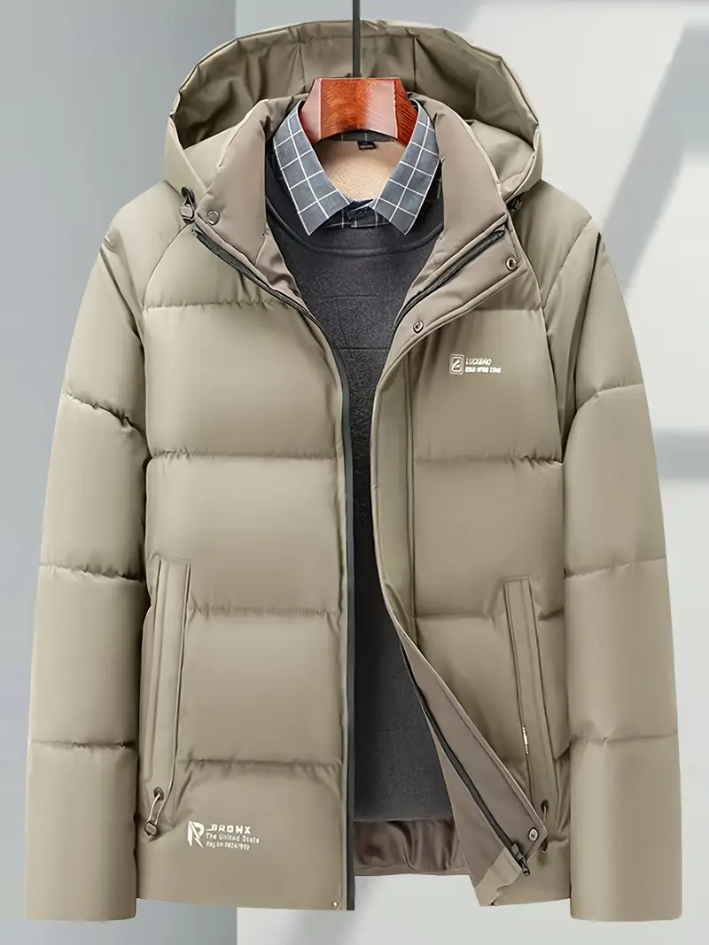 Men's Heavy-Duty Winter Jacket - Hooded Coat with Zippered Front in Beige/Brown Two-Tone