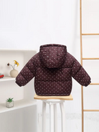 Girls' Winter Warm Hooded Jacket - Elegant Burgundy & White Floral Coat