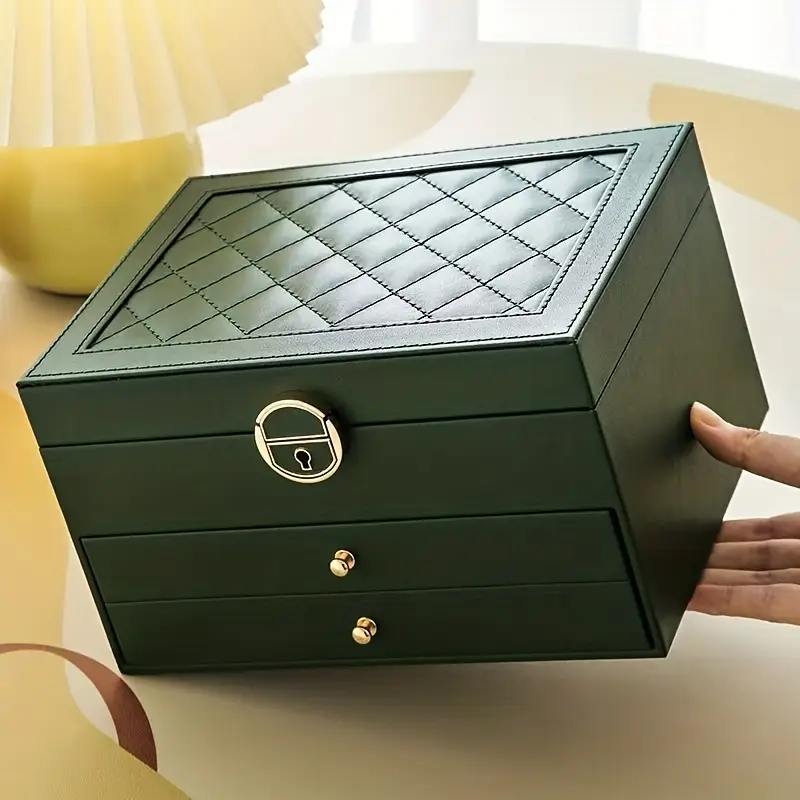 Luxury Faux Leather Jewelry Box - Large Capacity Organizer with Lock & Soft Drawers