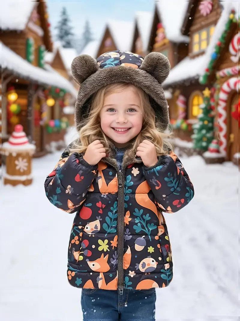 Girls' Reversible Hooded Winter Jacket - Two-in-One Coat with Animal Print