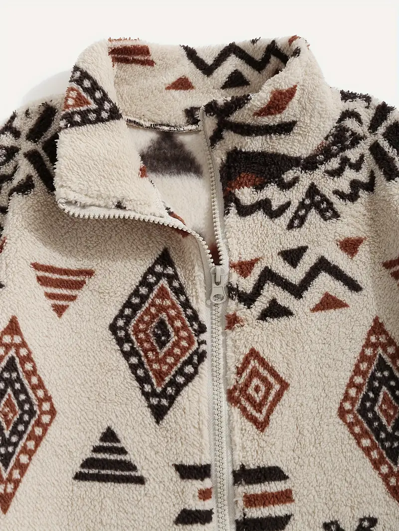 Aztec Pattern Fuzzy Jacket, Casual Zip Up Outwear For Winter & Fall