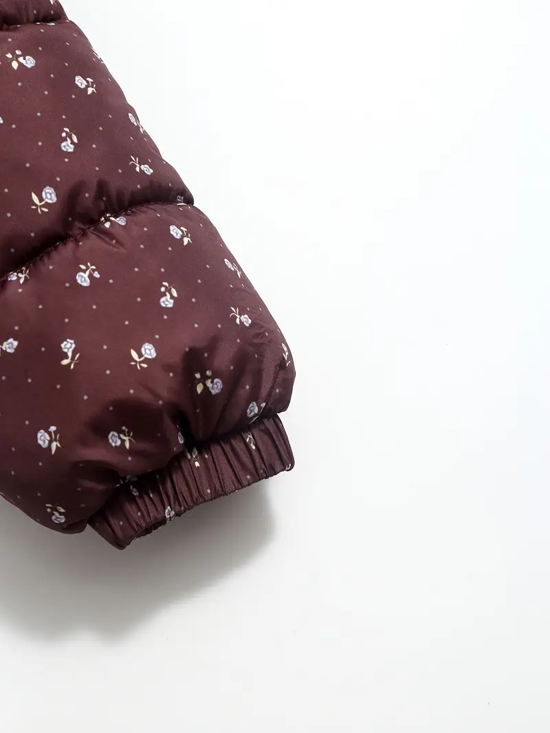 Girls' Winter Warm Hooded Jacket - Elegant Burgundy & White Floral Coat