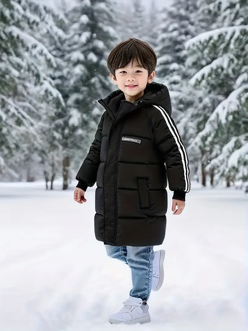 Fashionable Thickened Mid-Length Hooded Jacket for Kids Ages 3-14