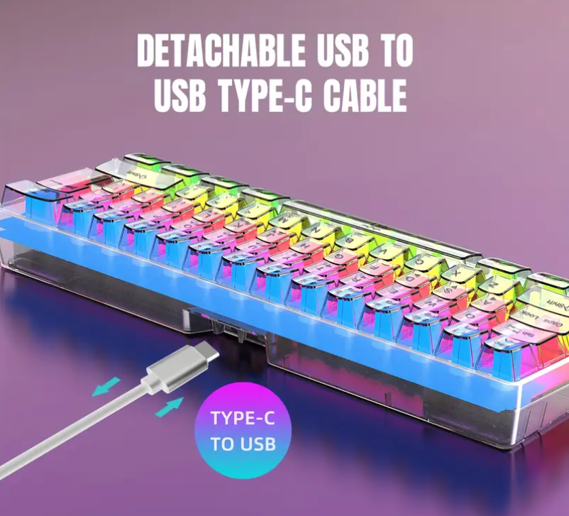 61-Key Fully Transparent Wired Gaming Keyboard with RGB Backlight - Ultra-Compact 60% Mini Keyboard