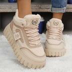 Women's Winter Chunky Platform Snow Boots - Shiny Black with Beige Plush Lining