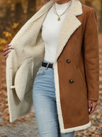 Women's Elegant Double-Breasted Long Coat - Brown & White Contrast