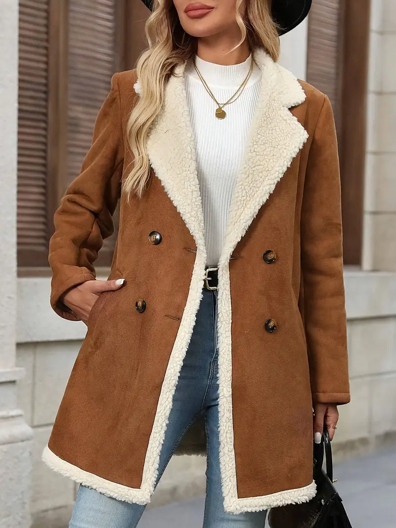 Women's Elegant Double-Breasted Long Coat - Brown & White Contrast