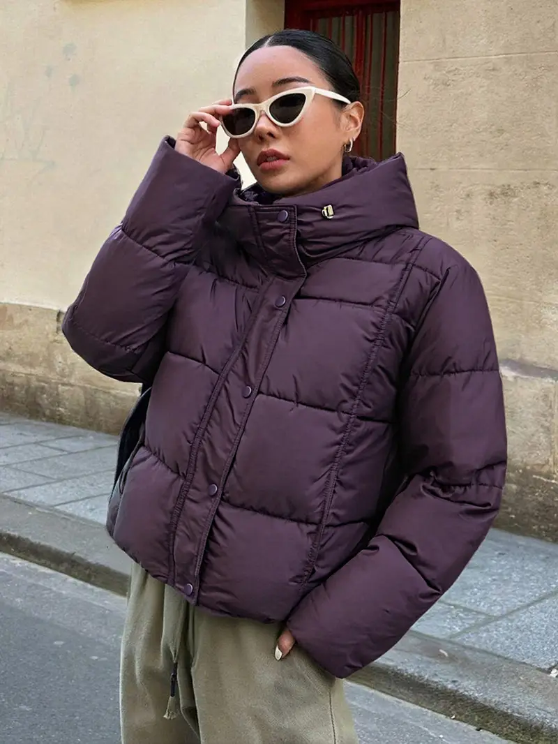 Women's Hooded Winter Jacket - Loose Fit Lined Coat with Front Pockets