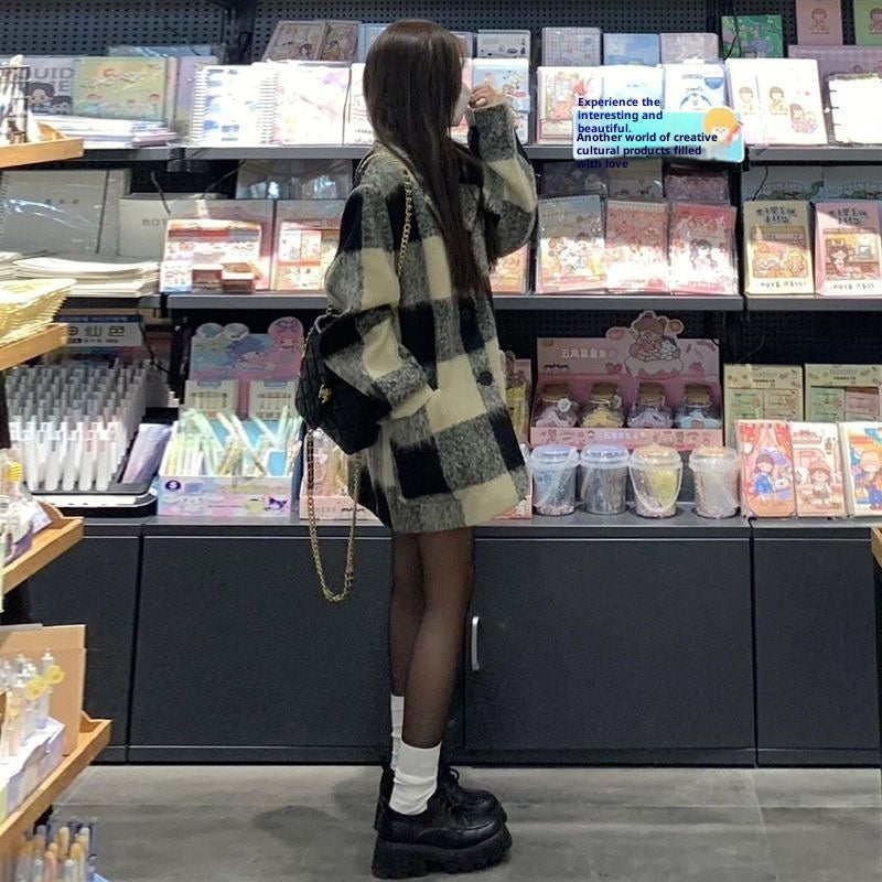 Plaid Suit Wool Coat Women's Retro Thick Loose