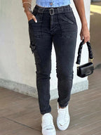 Women's Jeans Leisure Washed-out Slim-fit Solid Color Workwear Denim