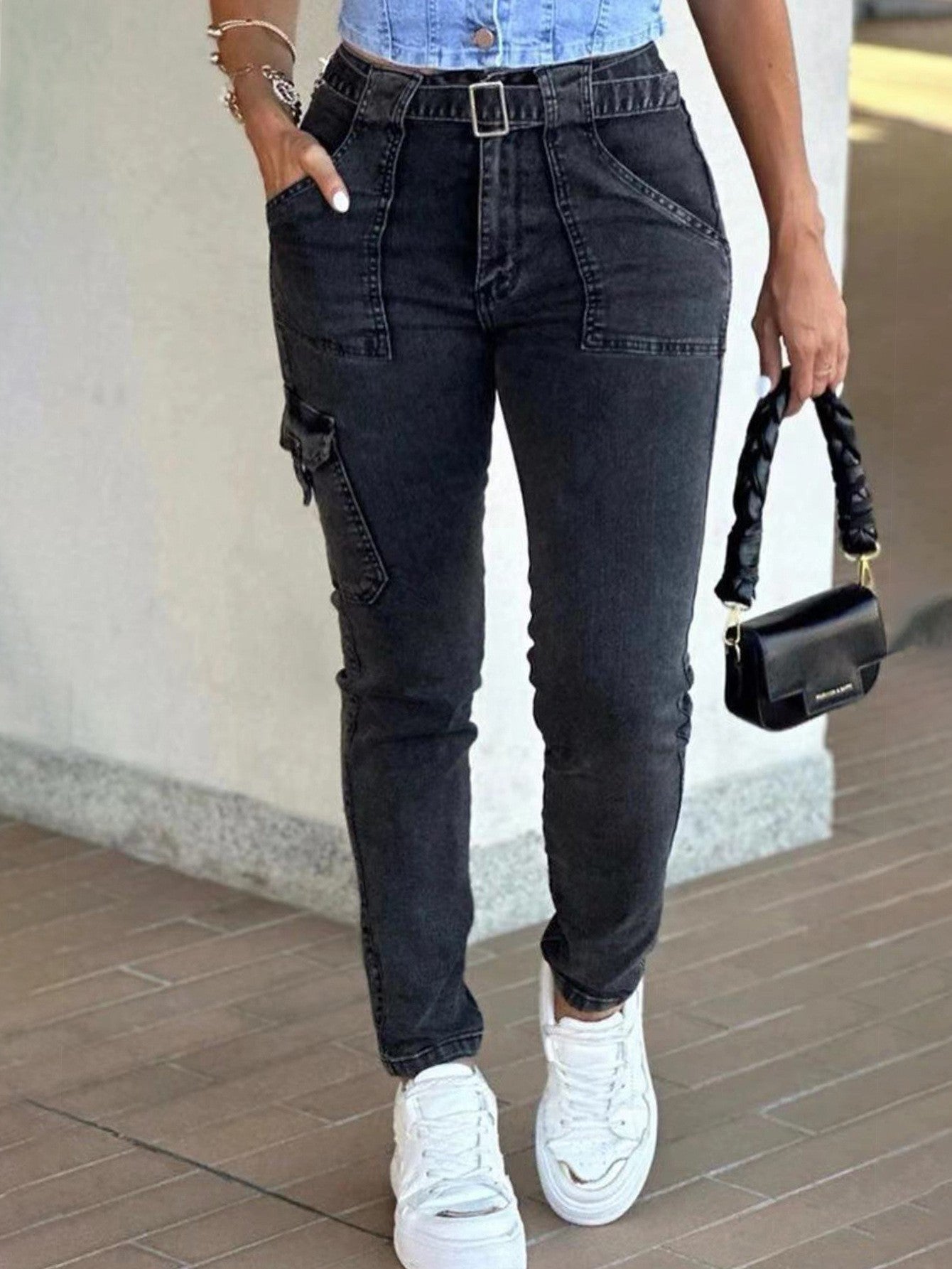 Women's Jeans Leisure Washed-out Slim-fit Solid Color Workwear Denim