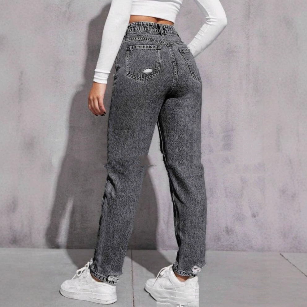 Women's Casual Ripped Washed Jeans With Nine-part Calf