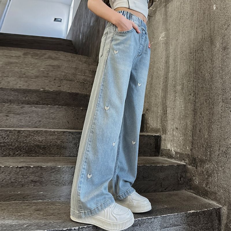 Wide-leg Pants Straight Loose Trousers Medium And Large Children Girls Lyocell Denim